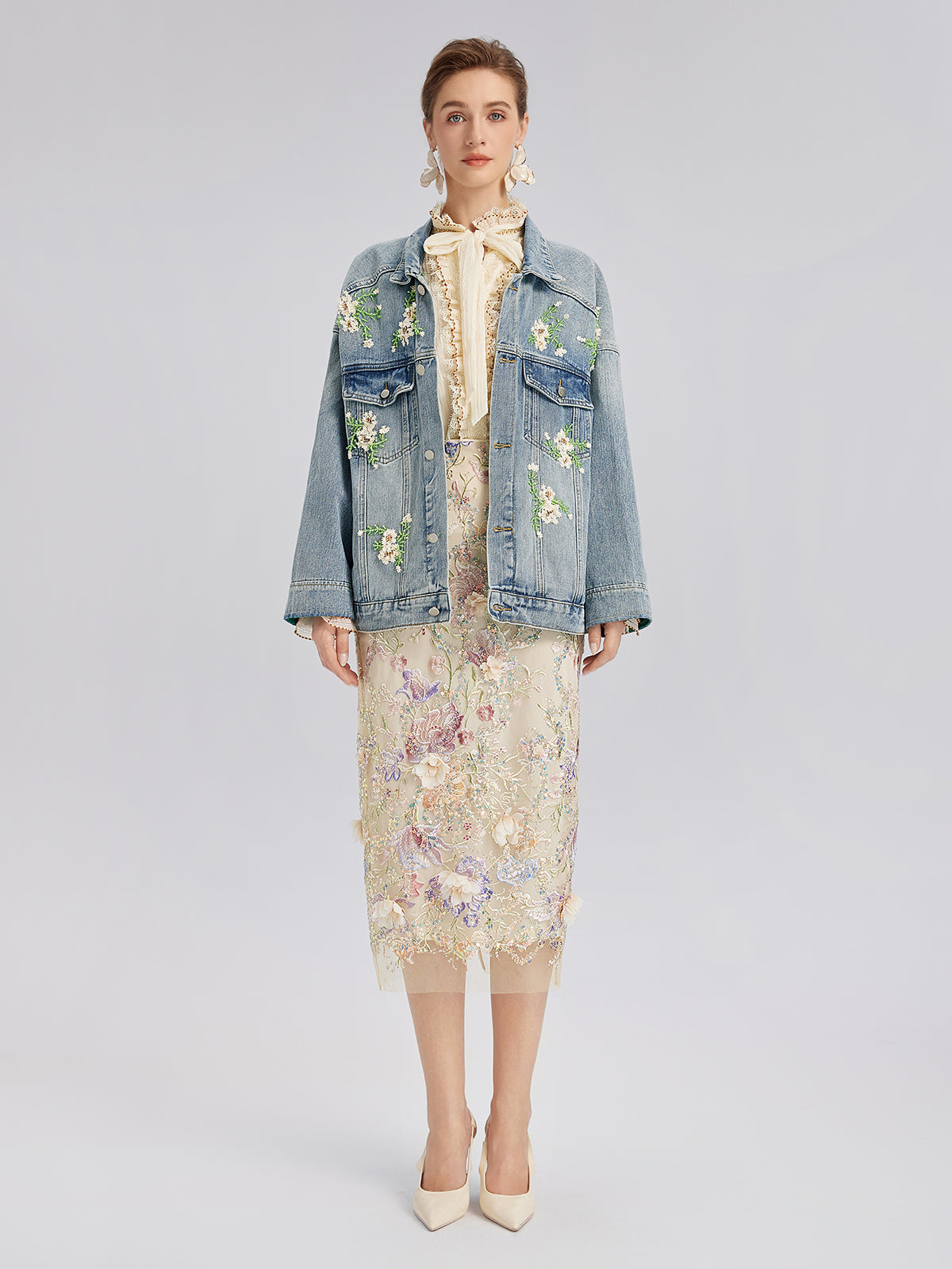 Hand-Beaded Washed Denim Jacket