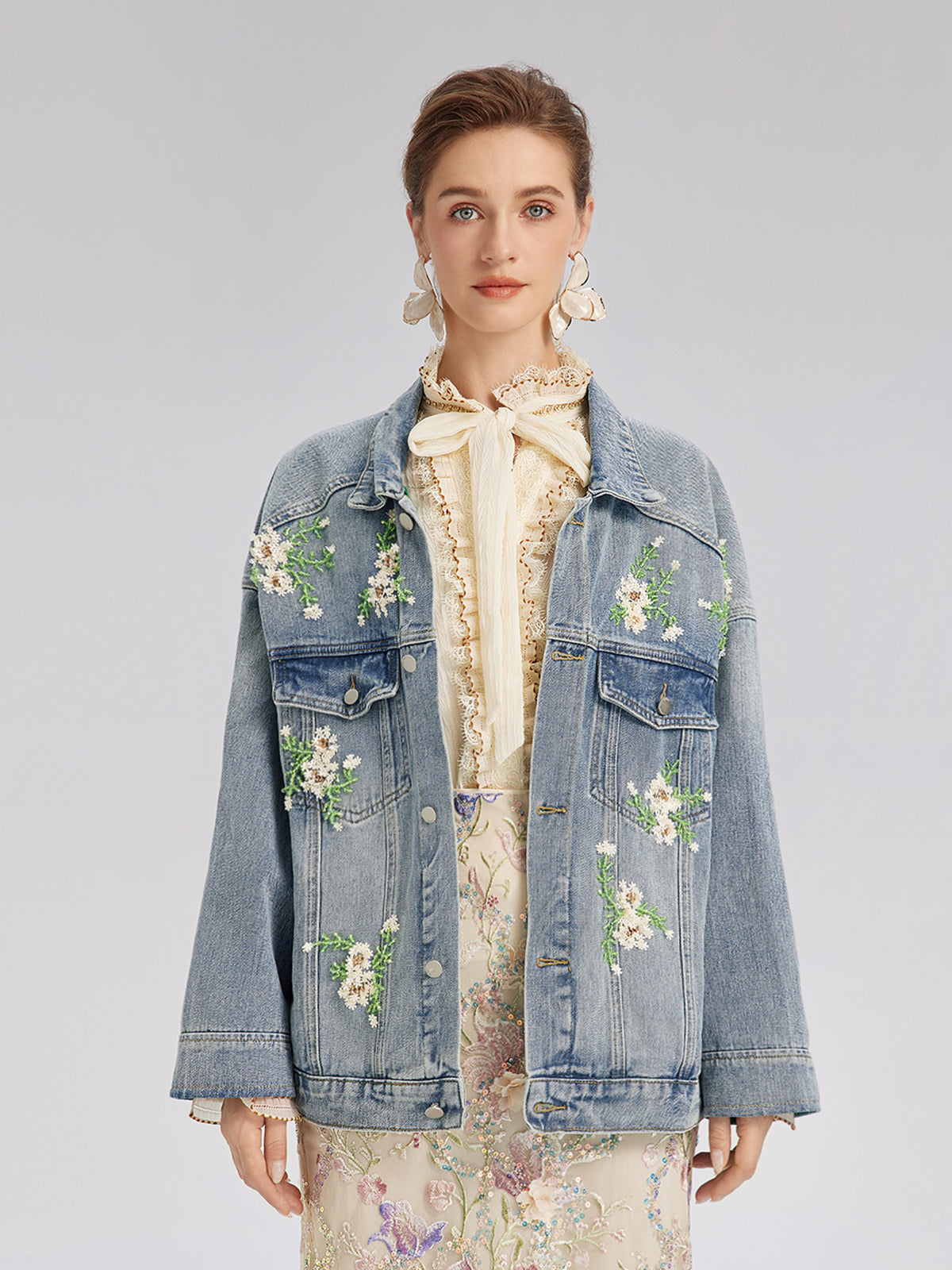 Hand-Beaded Washed Denim Jacket