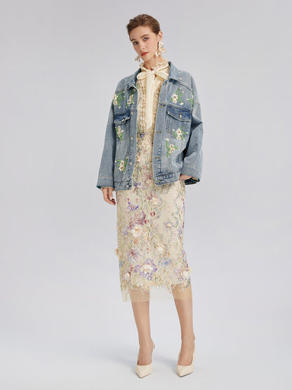 Handcrafted 3D Floral Beaded Embroidered Skirt