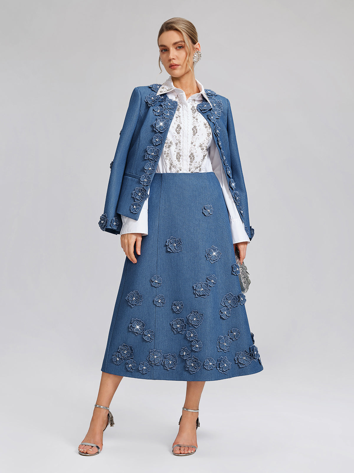 3D Floral Hand-Beaded Pearl Rhinestone Jacket