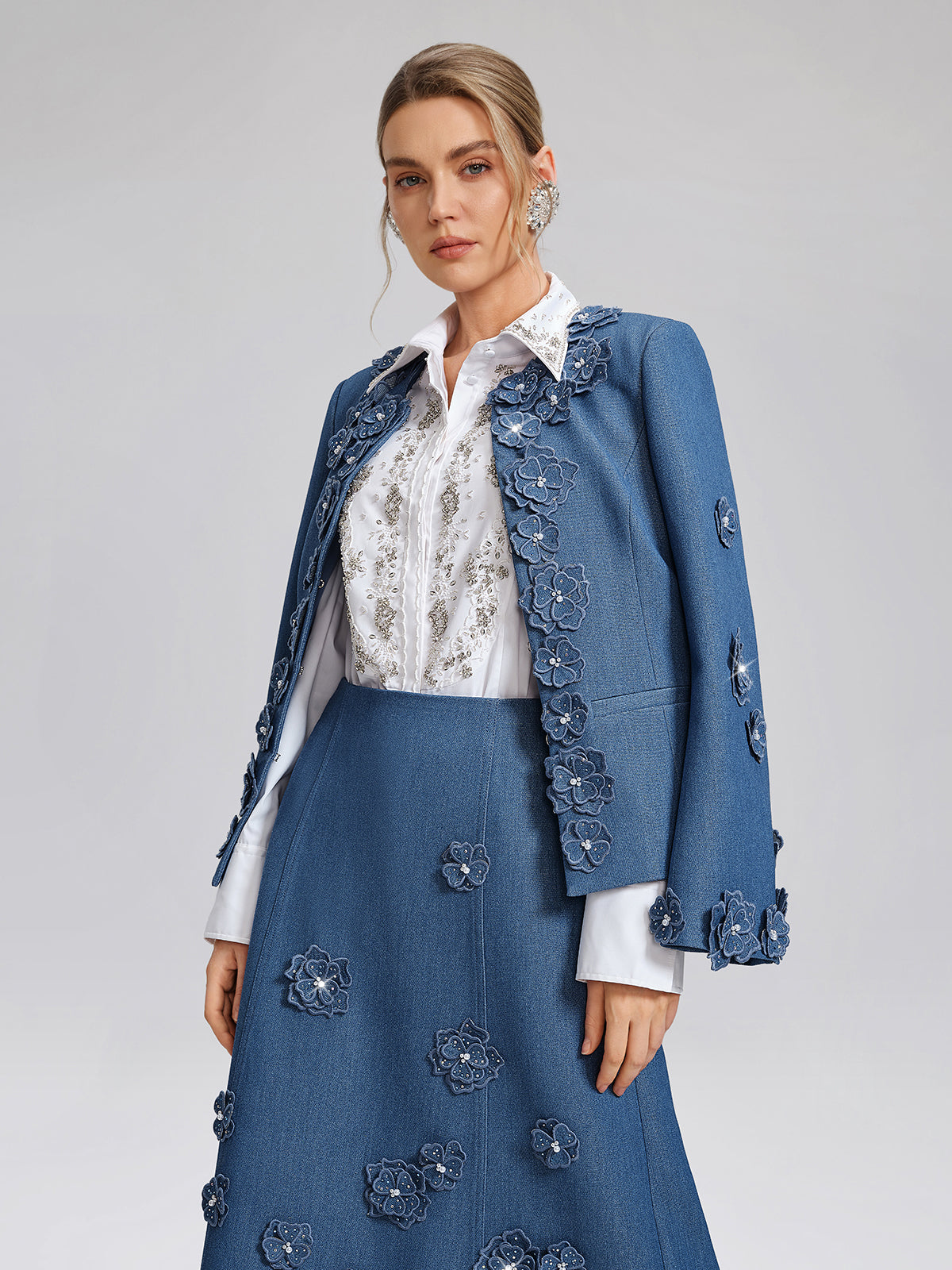 3D Floral Hand-Beaded Pearl Rhinestone Jacket