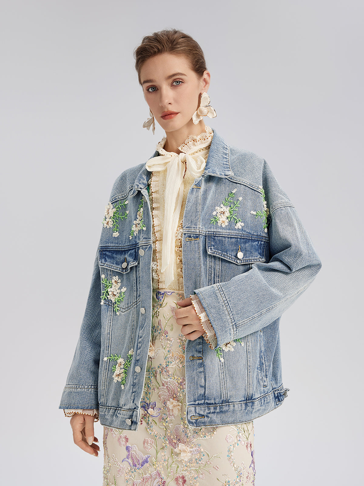 Hand-Beaded Washed Denim Jacket