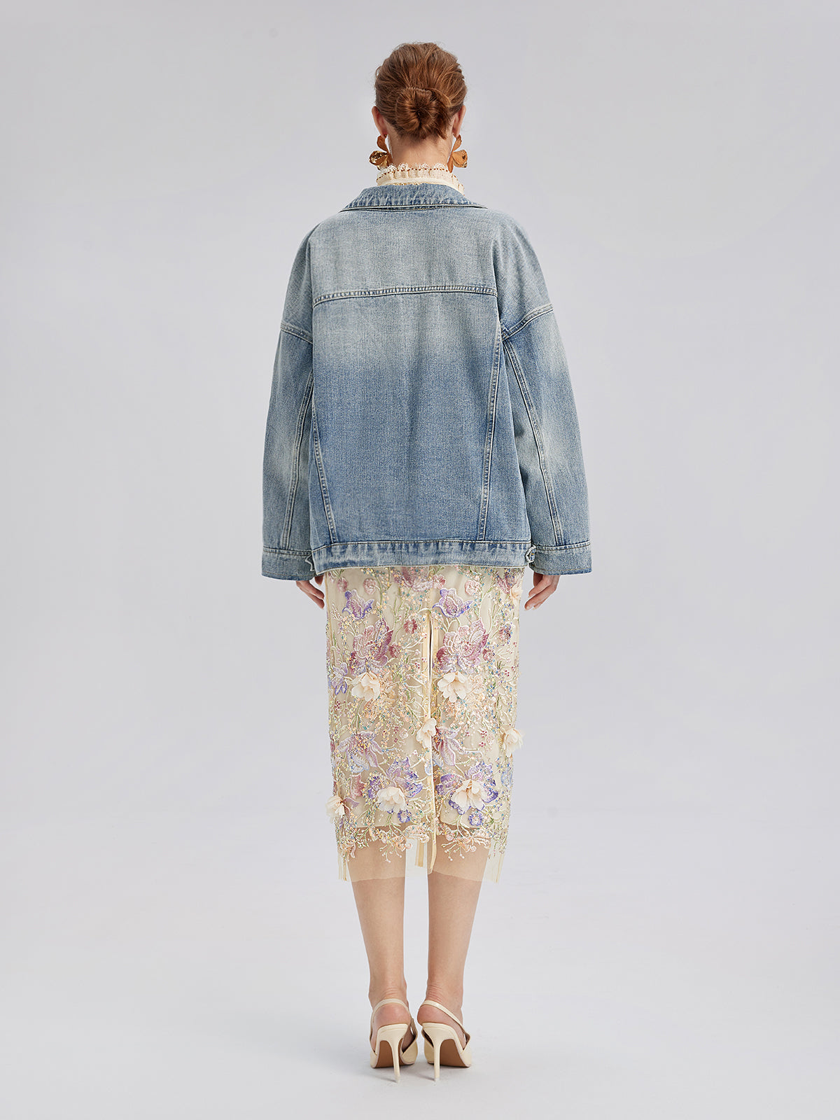 Hand-Beaded Washed Denim Jacket