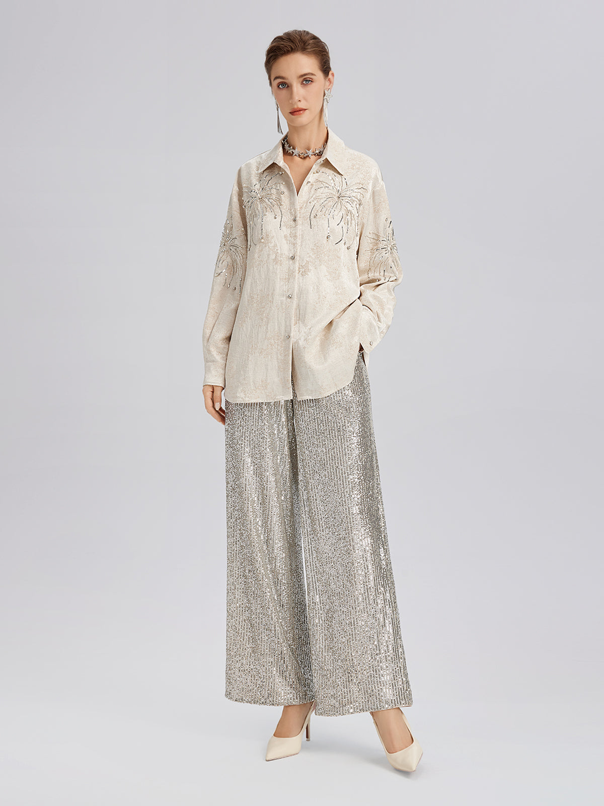 Hand-Beaded Embroidered Jacquard Shirt