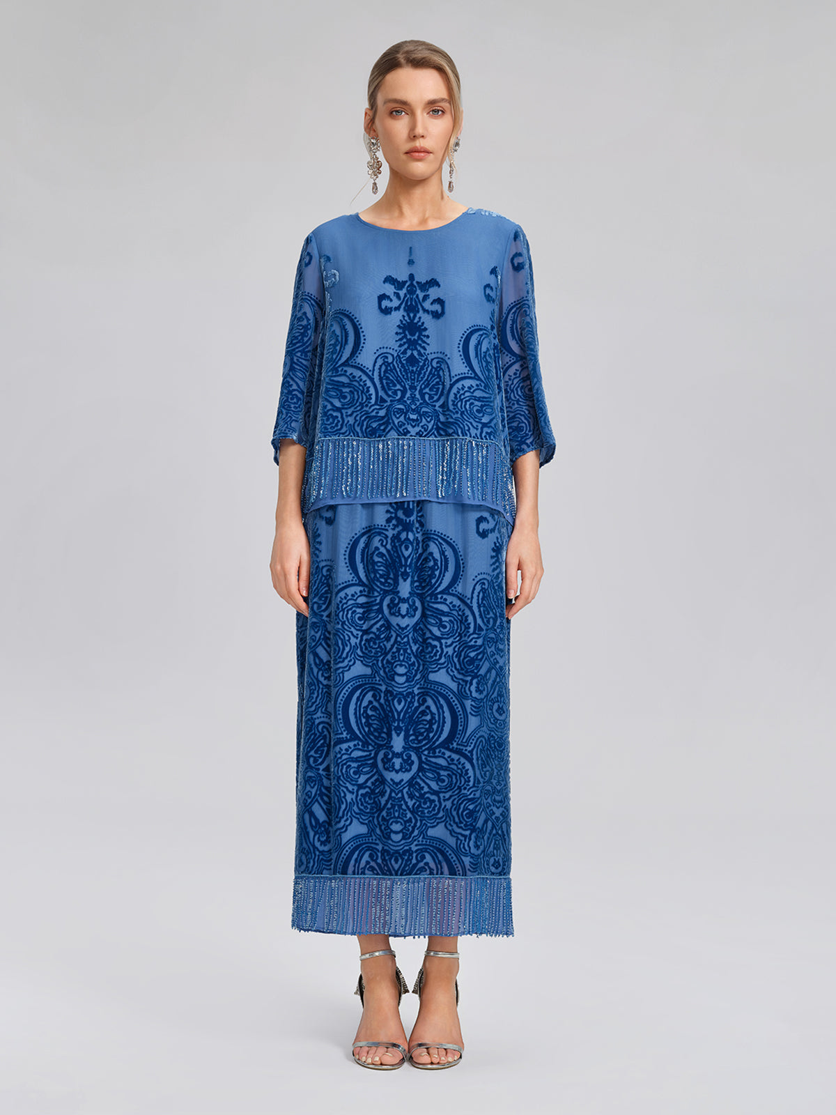 Silk Velvet Burnout Fringe Beaded Top