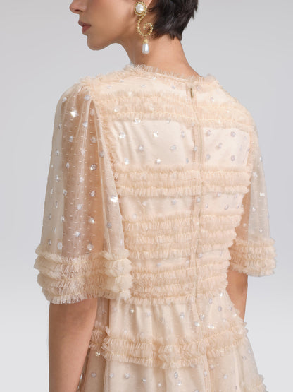 Sequin Embroidered Tulle Ruffled Maxi Dress