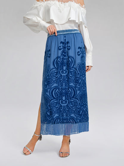 Silk Velvet Burnout Fringe Elasticated Waist Skirt