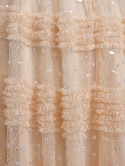 Sequin Embroidered Tulle Ruffled Maxi Dress