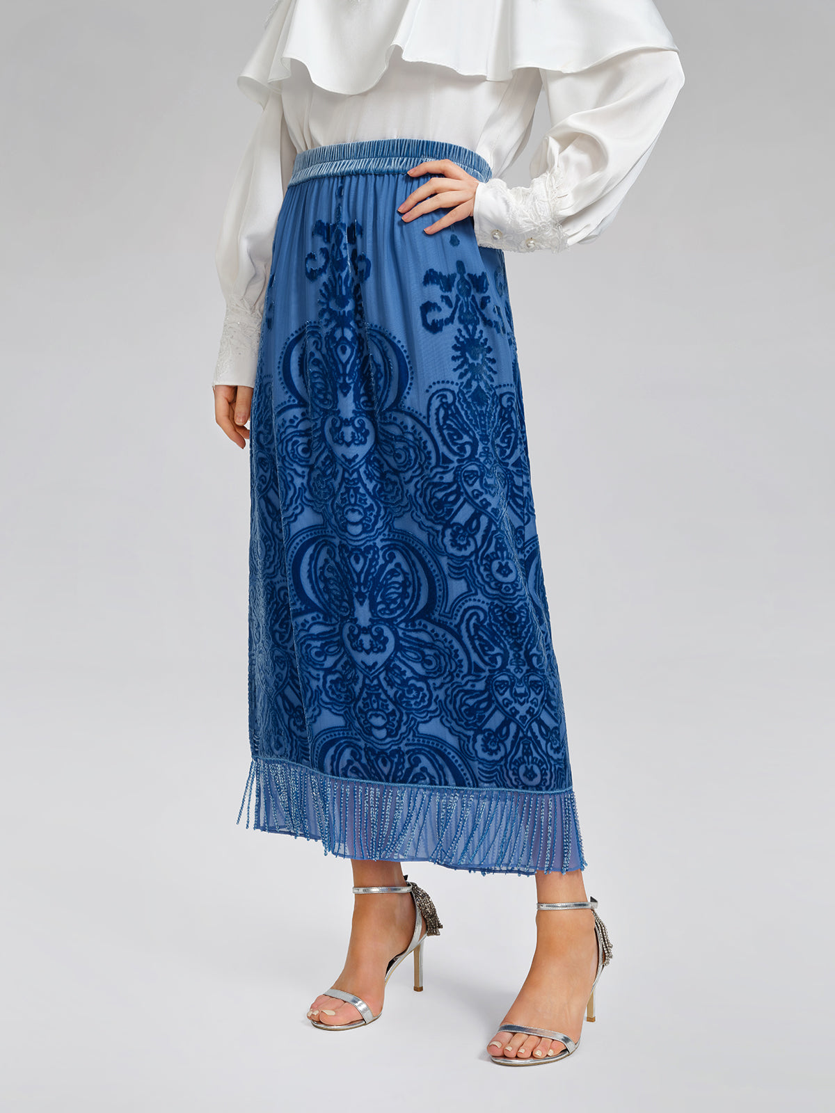 Silk Velvet Burnout Fringe Elasticated Waist Skirt