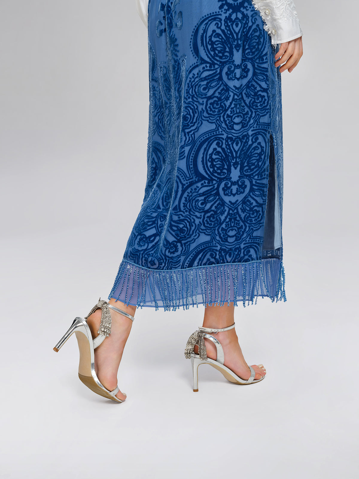 Silk Velvet Burnout Fringe Elasticated Waist Skirt
