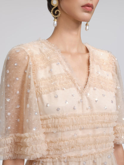 Sequin Embroidered Tulle Ruffled Maxi Dress
