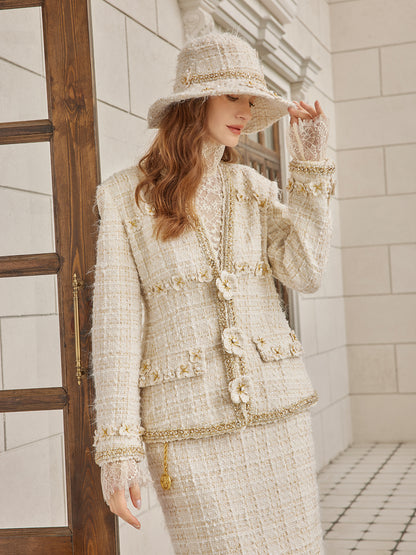 Two-Tone Check Tweed Hand-Beaded Floral Jacket (Matching Scrunchie Included)