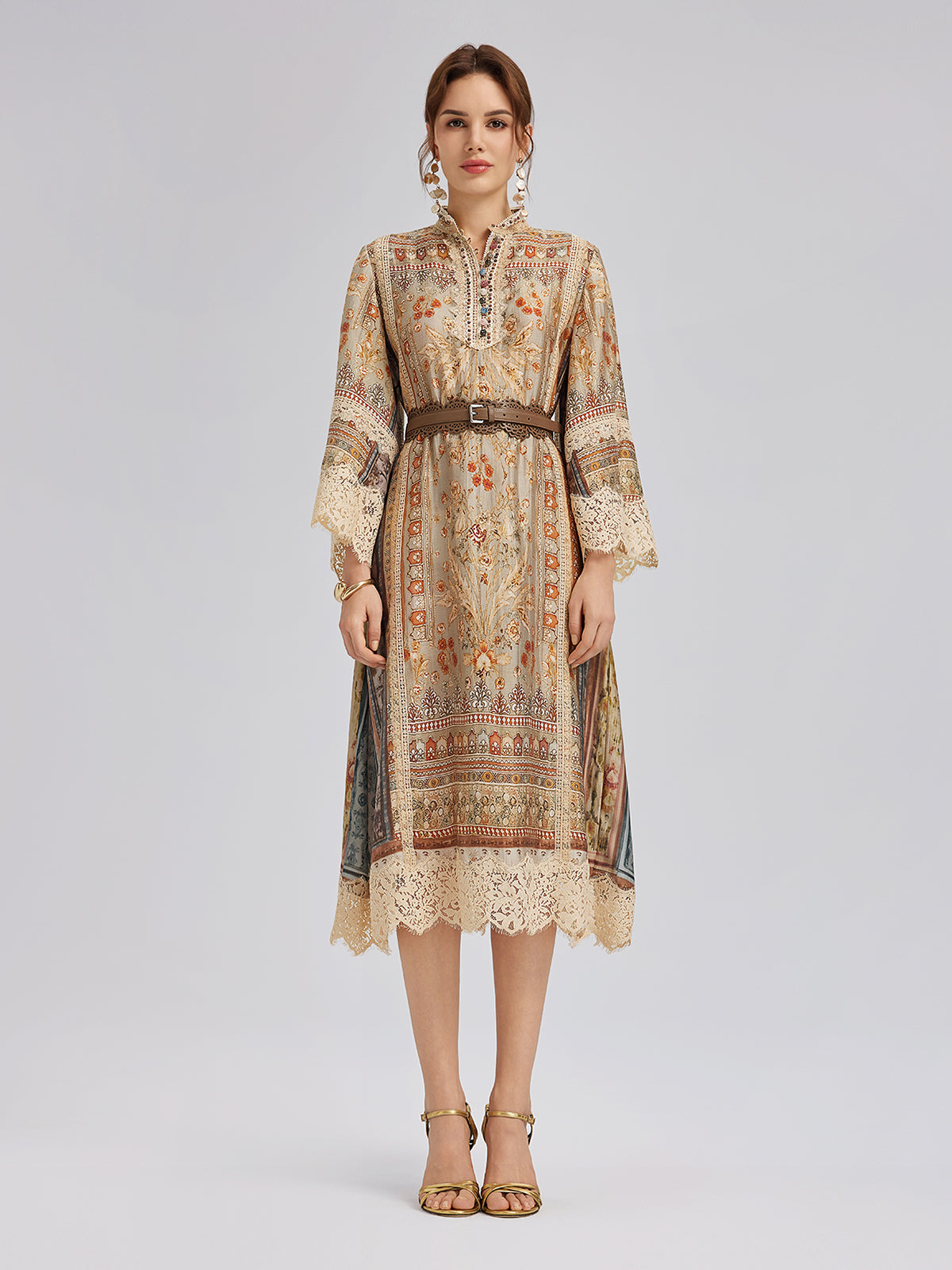 Artistic Botanical Print Lace-Trim Dress (Belt Included)
