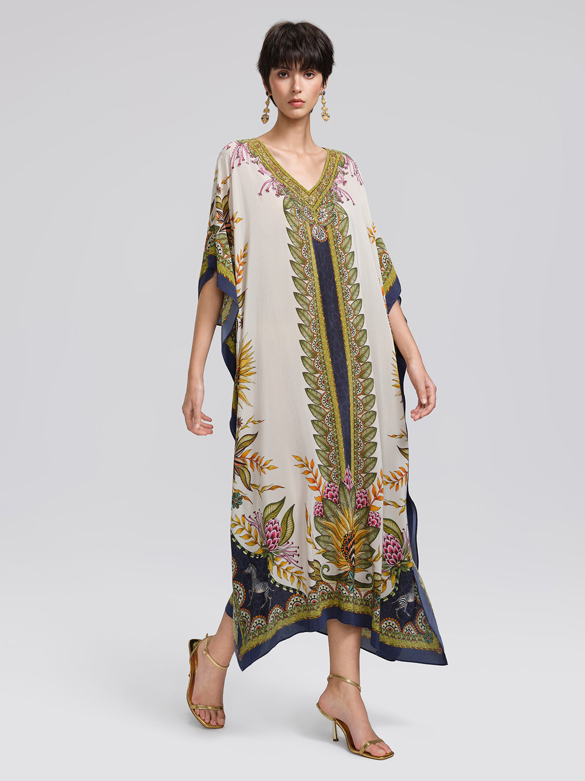Silk Ethnic Totem Print Batwing Robe Dress
