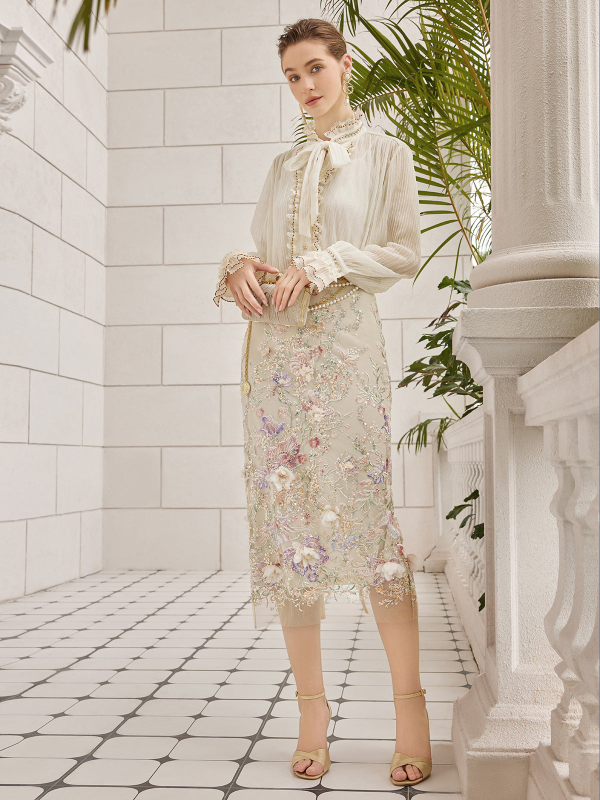 Pleated Lace-Ruffle Trim Bow-Tie Blouse