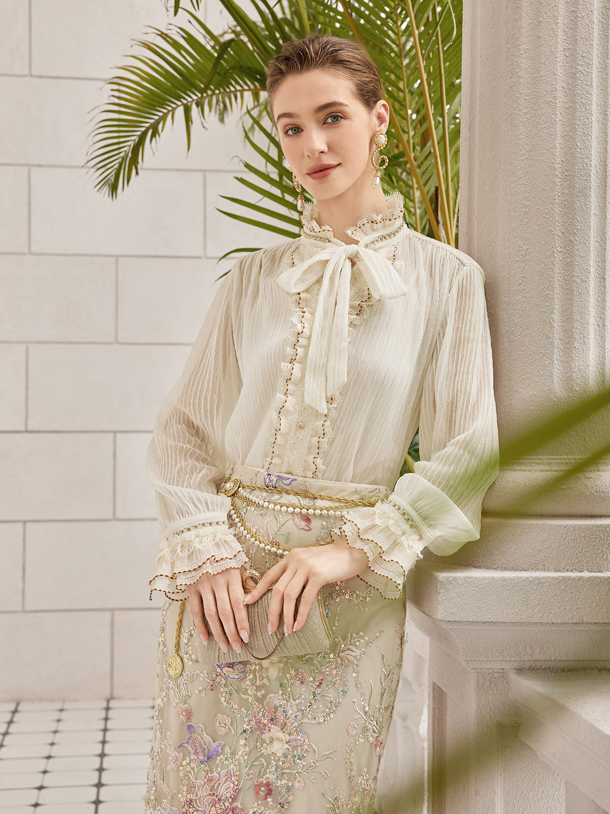 Pleated Lace-Ruffle Trim Bow-Tie Blouse
