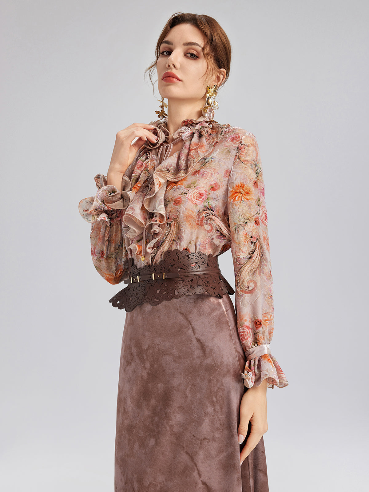 Silk Velvet Devoré Rose Pink Ruffle Blouse