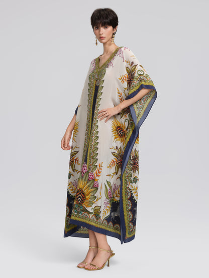 Silk Ethnic Totem Print Batwing Robe Dress