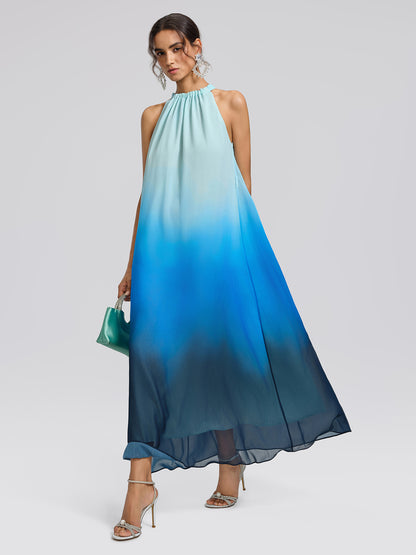 Pleated-Neck Tie-Detail Gradient Maxi Dress (Wasit Tie Included)