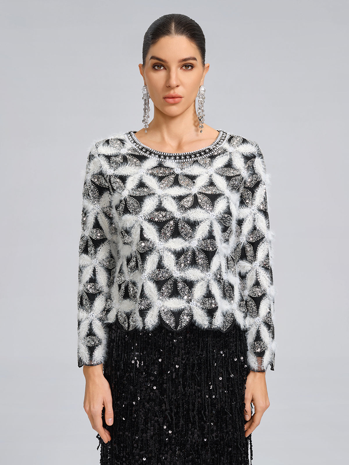 Beaded Floral Long-Sleeve Knit Sweater