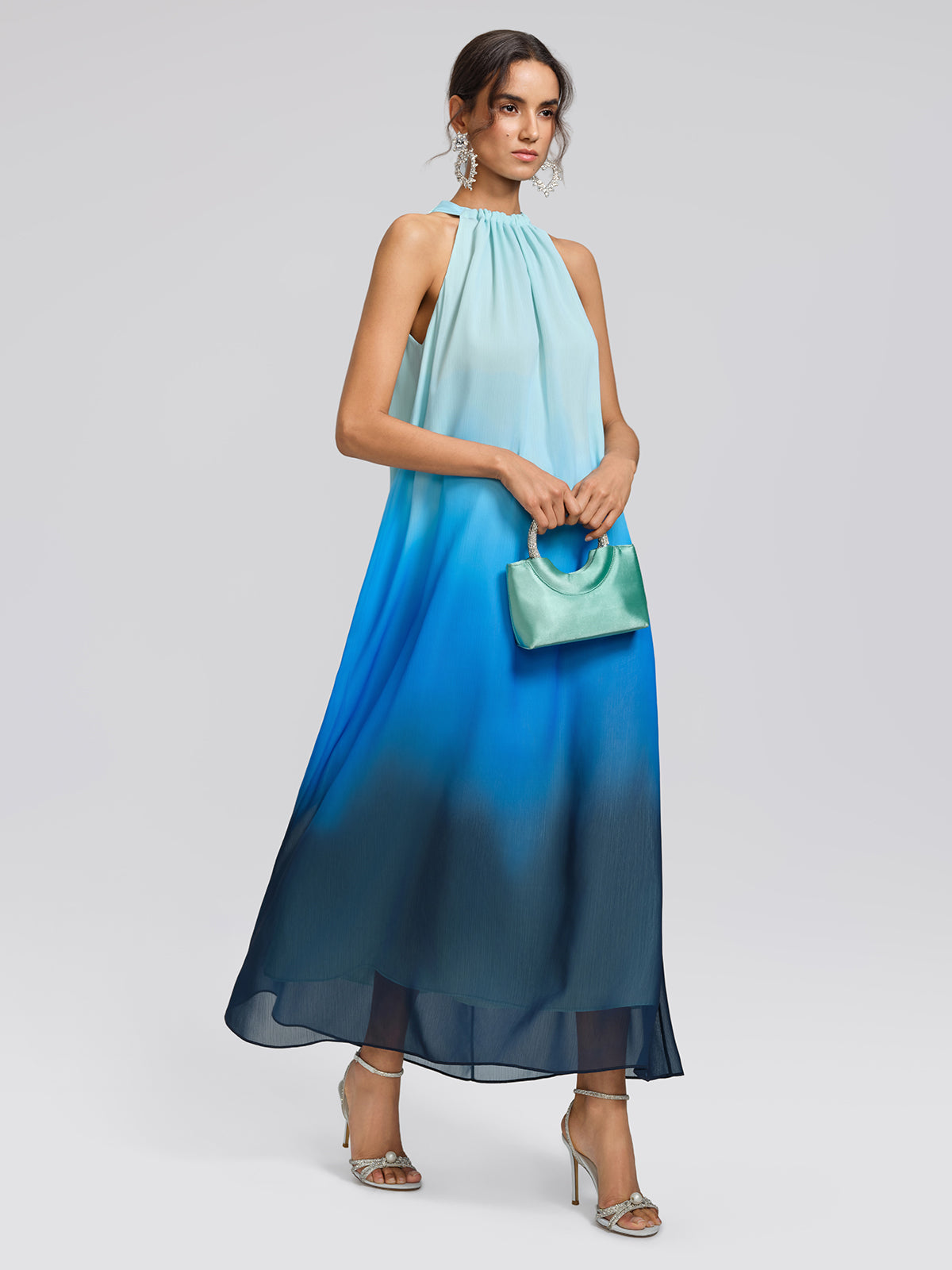 Pleated-Neck Tie-Detail Gradient Maxi Dress (Wasit Tie Included)