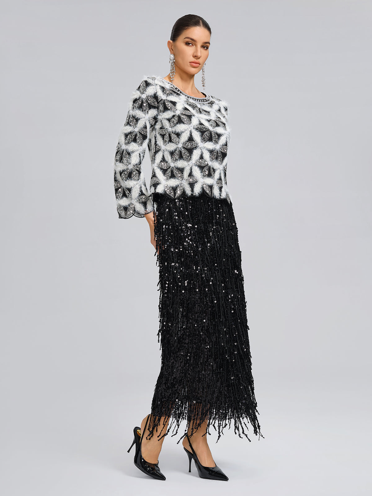 Beaded Floral Long-Sleeve Knit Sweater