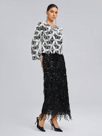 Beaded Floral Long-Sleeve Knit Sweater