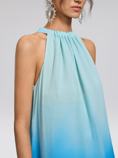 Pleated-Neck Tie-Detail Gradient Maxi Dress (Wasit Tie Included)