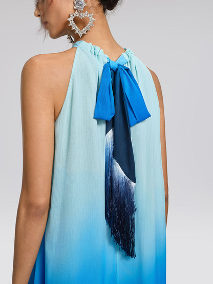 Pleated-Neck Tie-Detail Gradient Maxi Dress (Wasit Tie Included)