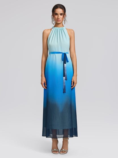 Pleated-Neck Tie-Detail Gradient Maxi Dress (Wasit Tie Included)