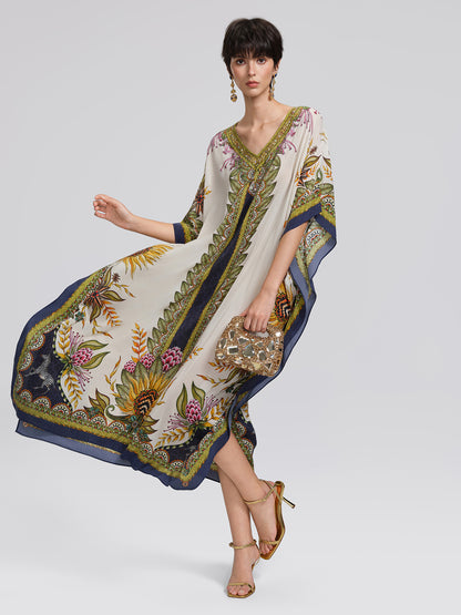 Silk Ethnic Totem Print Batwing Robe Dress