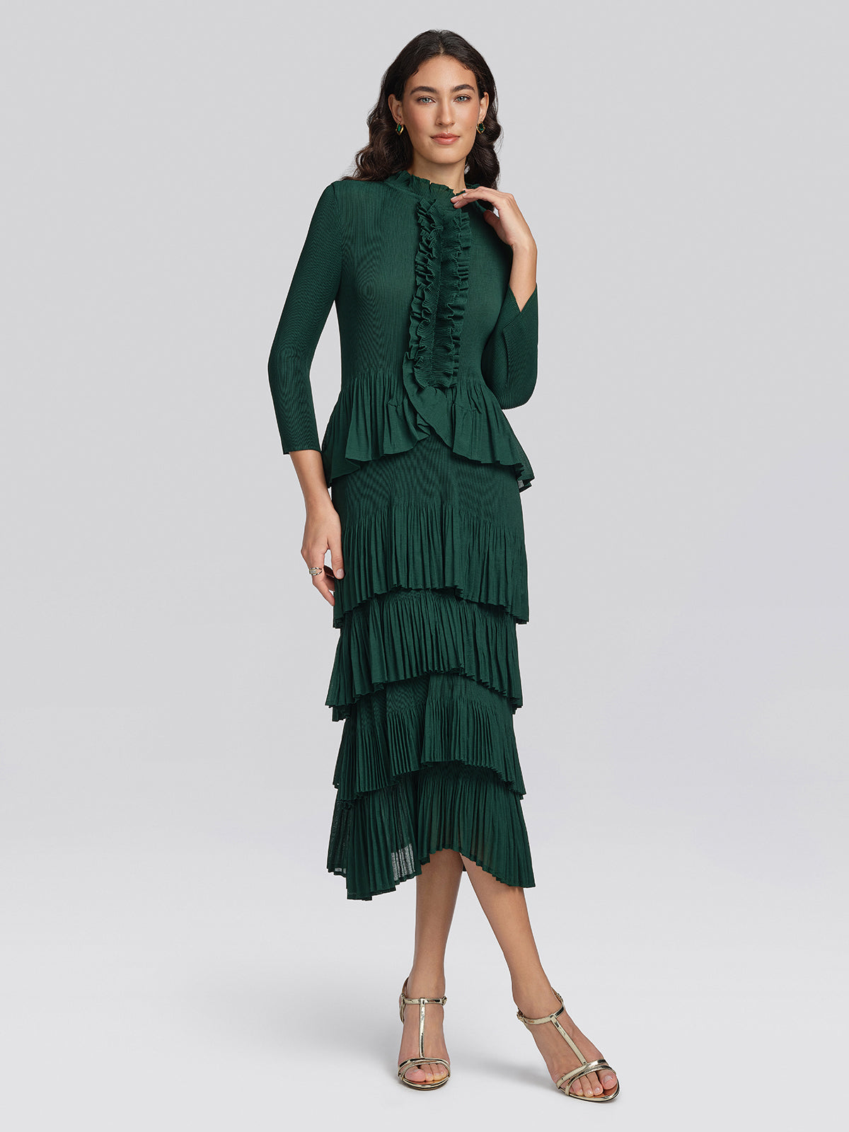 Heat Set Pleated Ruffle Neck Tiered Dress