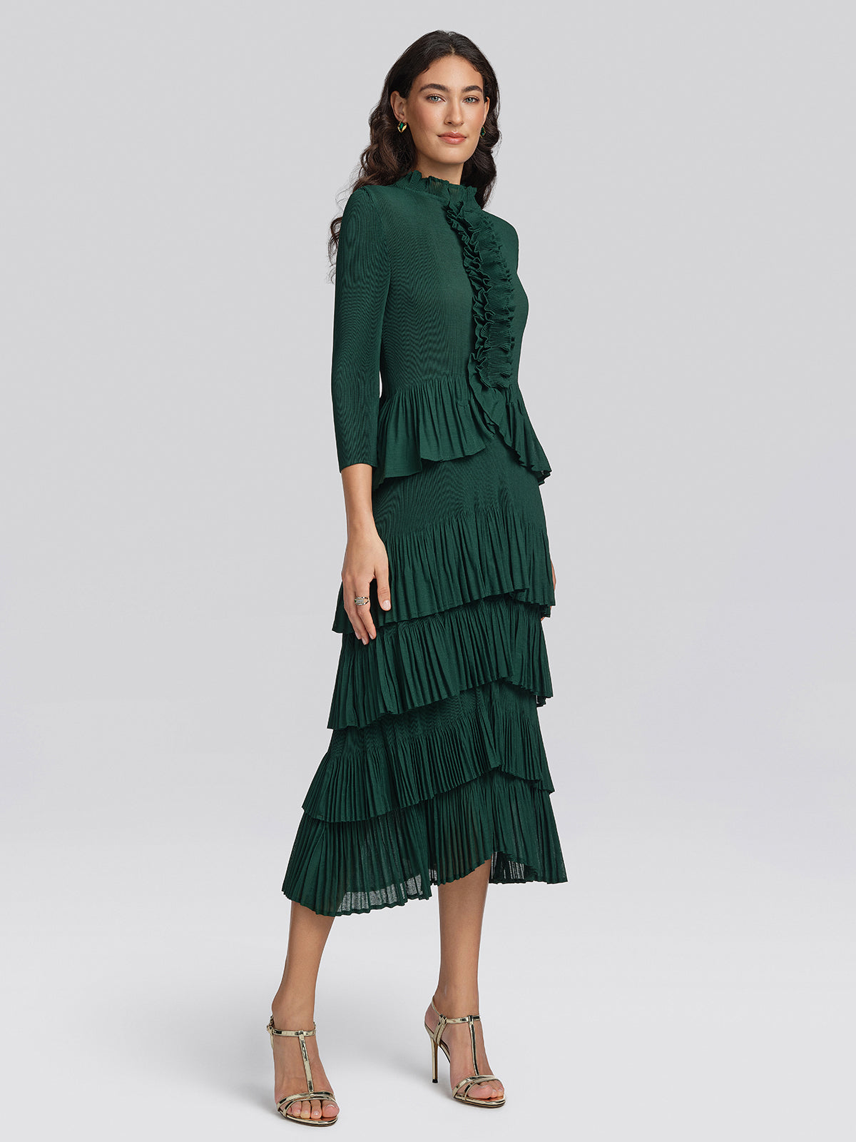 Heat Set Pleated Ruffle Neck Tiered Dress