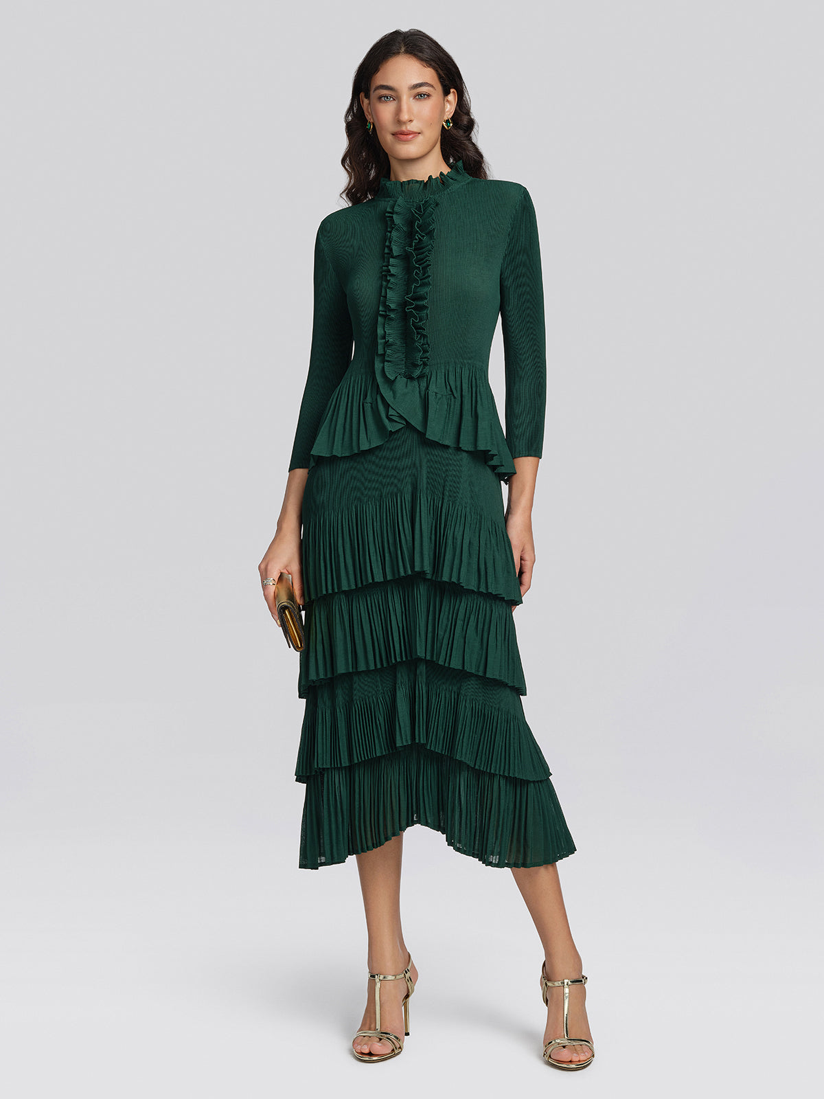 Heat Set Pleated Ruffle Neck Tiered Dress