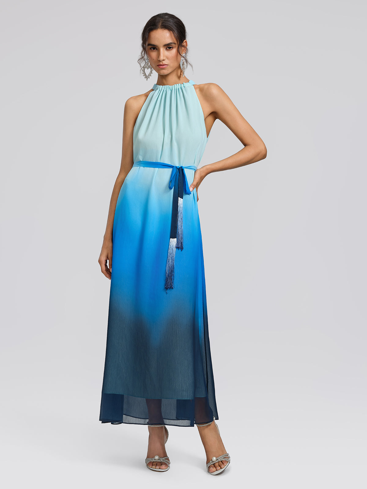Pleated-Neck Tie-Detail Gradient Maxi Dress (Wasit Tie Included)