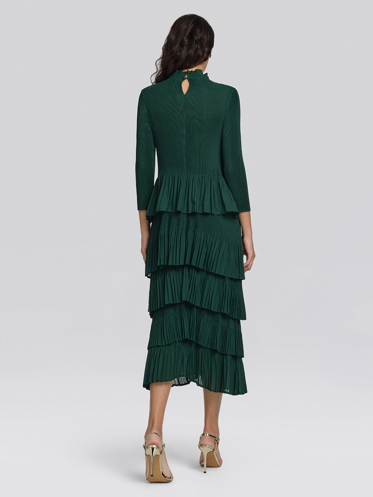 Heat Set Pleated Ruffle Neck Tiered Dress