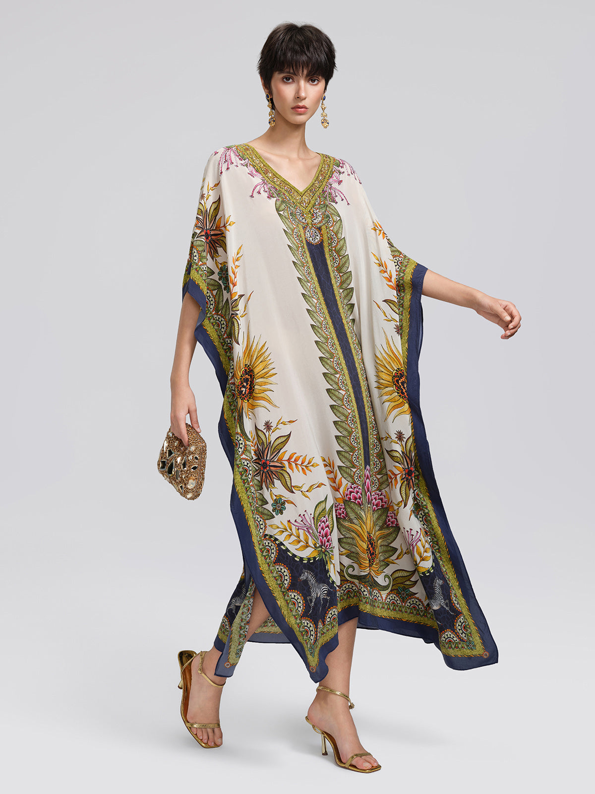 Silk Ethnic Totem Print Batwing Robe Dress