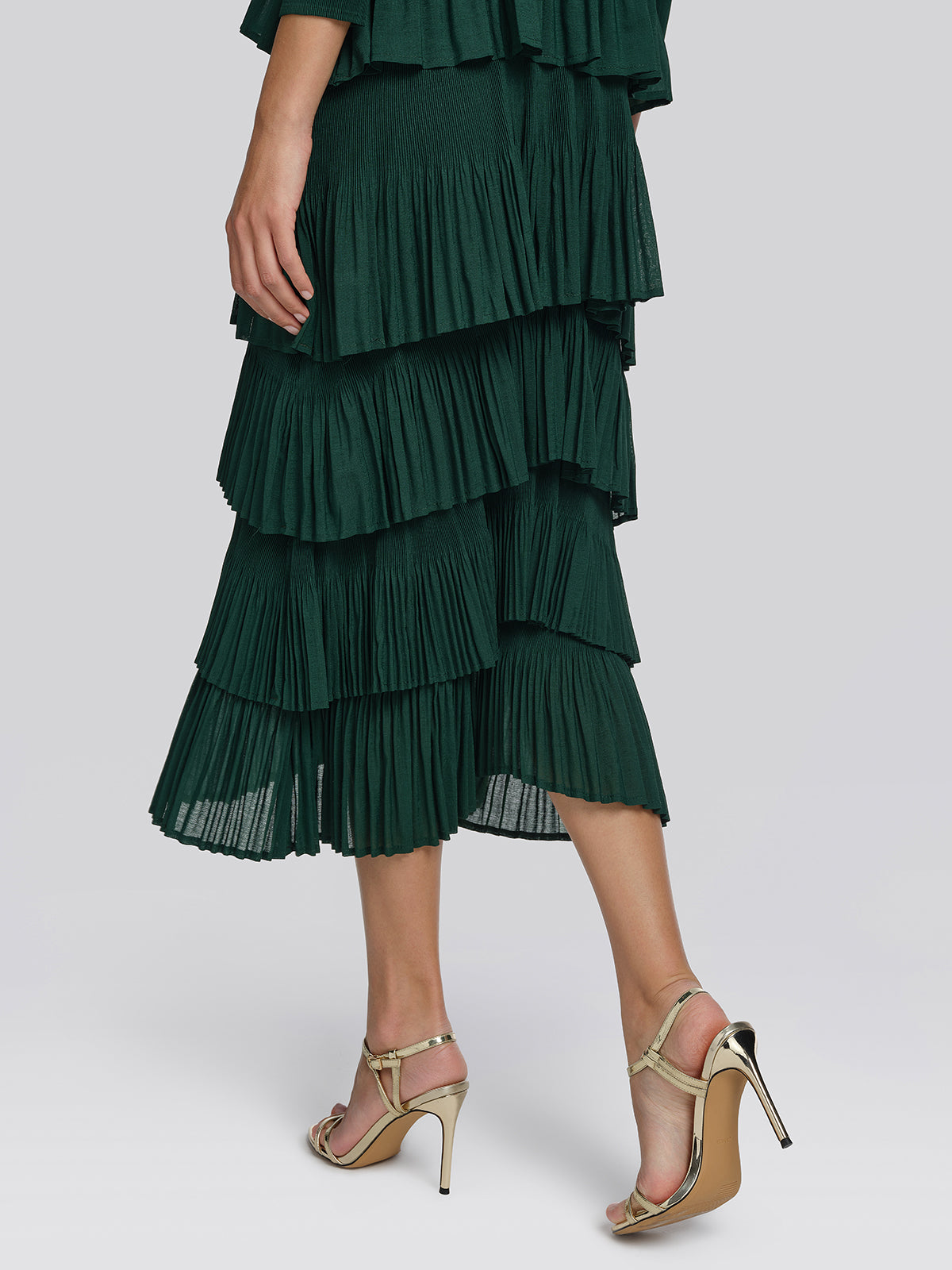 Heat Set Pleated Ruffle Neck Tiered Dress