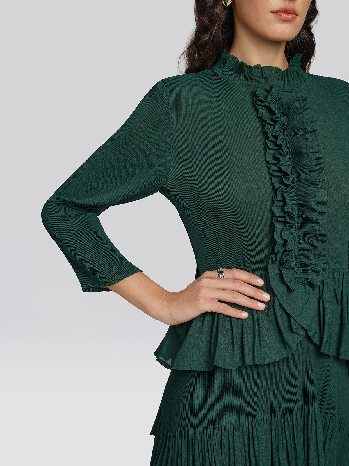 Heat Set Pleated Ruffle Neck Tiered Dress