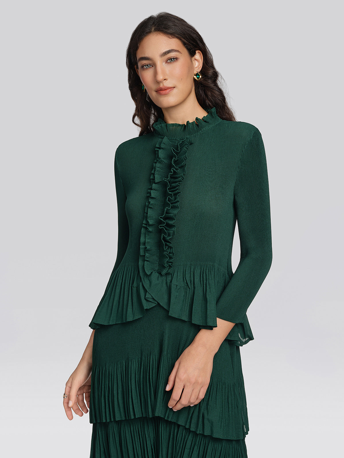 Heat Set Pleated Ruffle Neck Tiered Dress