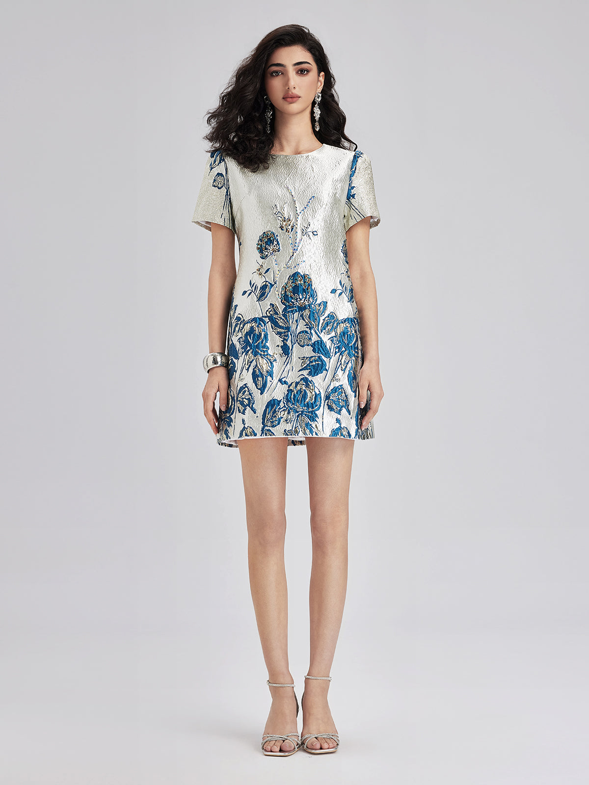 Blue Jacquard Short Sleeve Dress