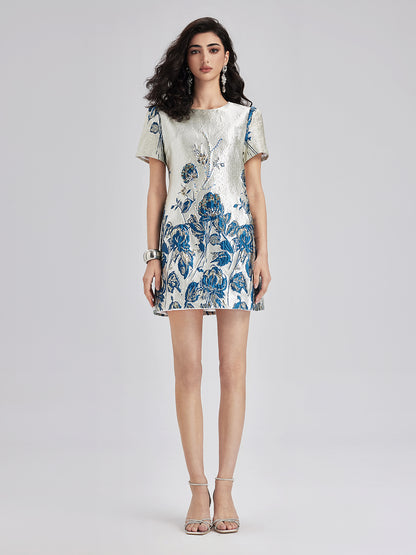 Blue Jacquard Short Sleeve Dress