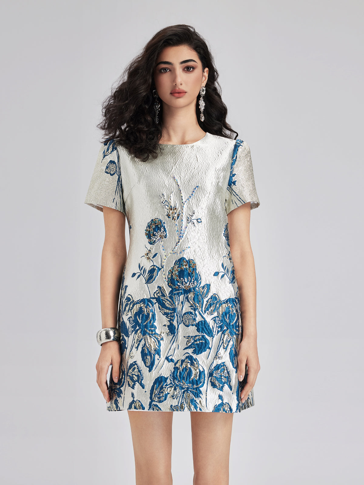 Blue Jacquard Short Sleeve Dress