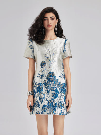 Blue Jacquard Short Sleeve Dress