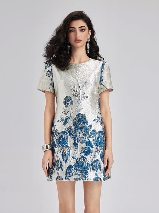 Blue Jacquard Short Sleeve Dress