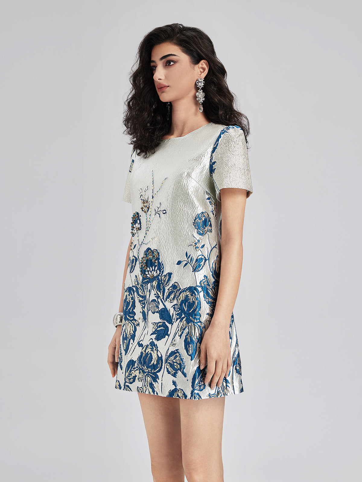 Blue Jacquard Short Sleeve Dress