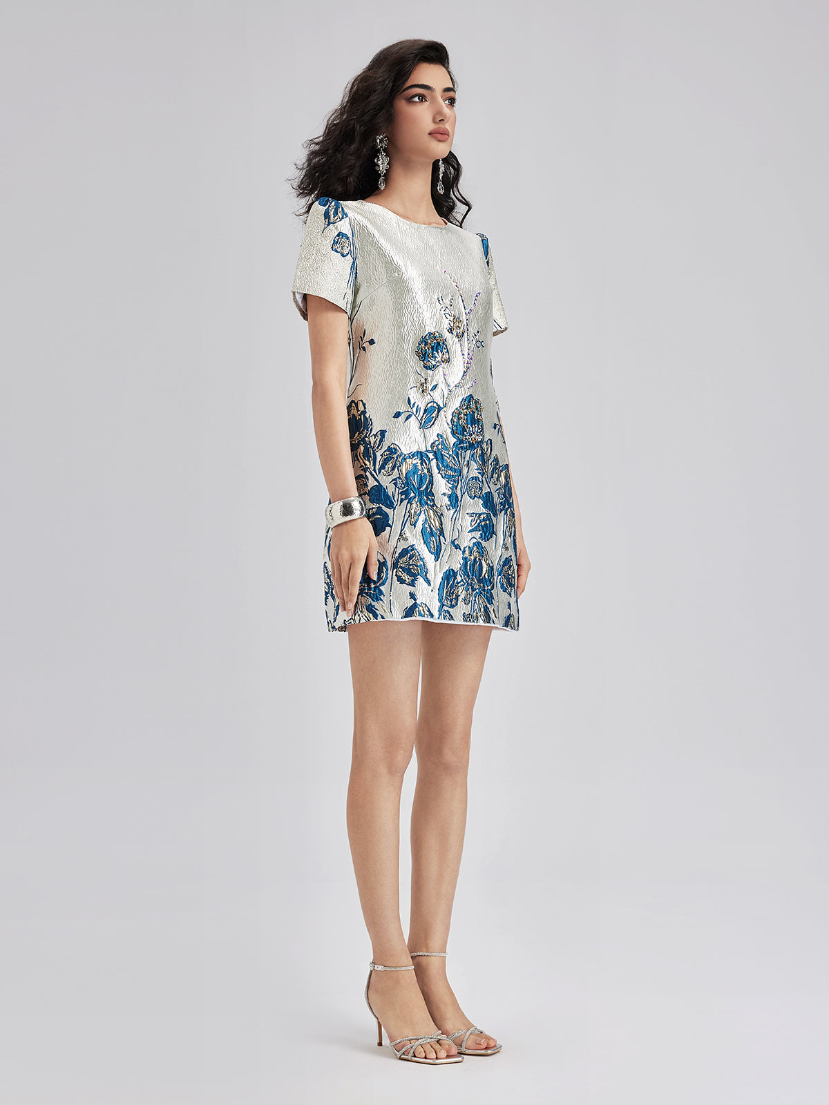 Blue Jacquard Short Sleeve Dress