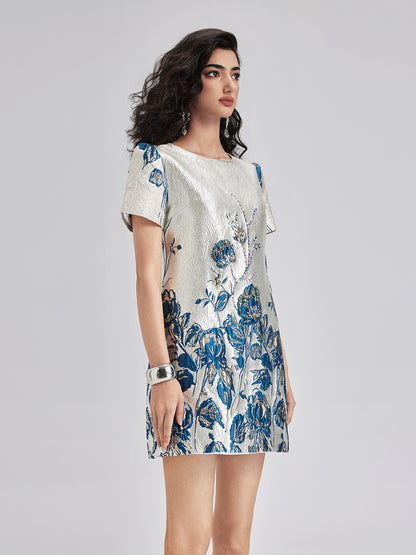 Blue Jacquard Short Sleeve Dress