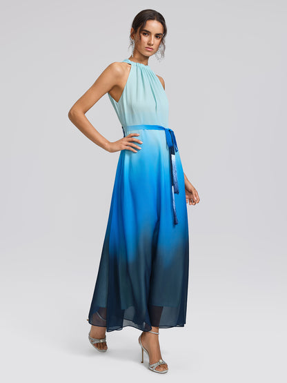 Pleated-Neck Tie-Detail Gradient Maxi Dress (Wasit Tie Included)