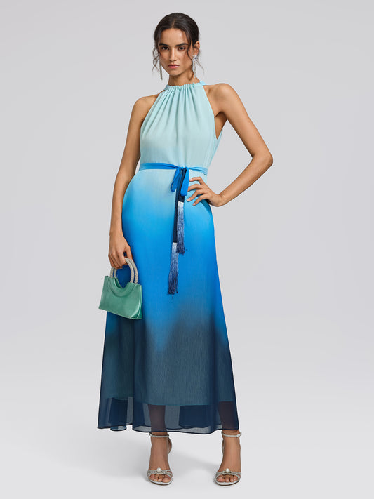 Pleated-Neck Tie-Detail Gradient Maxi Dress (Wasit Tie Included)